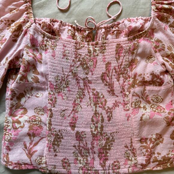 Free People Hilary floral pink Printed Top Pink Combo Boho crew summer /XS - Picture 5 of 10